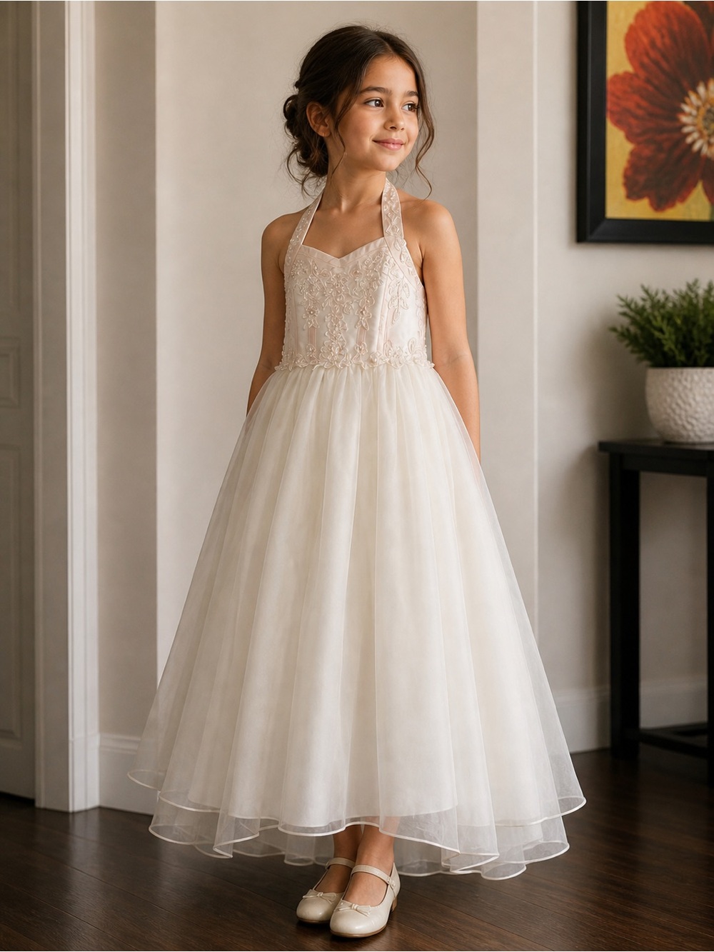 David's Bridal Ivory Halter Tulle Flower Girl Gown